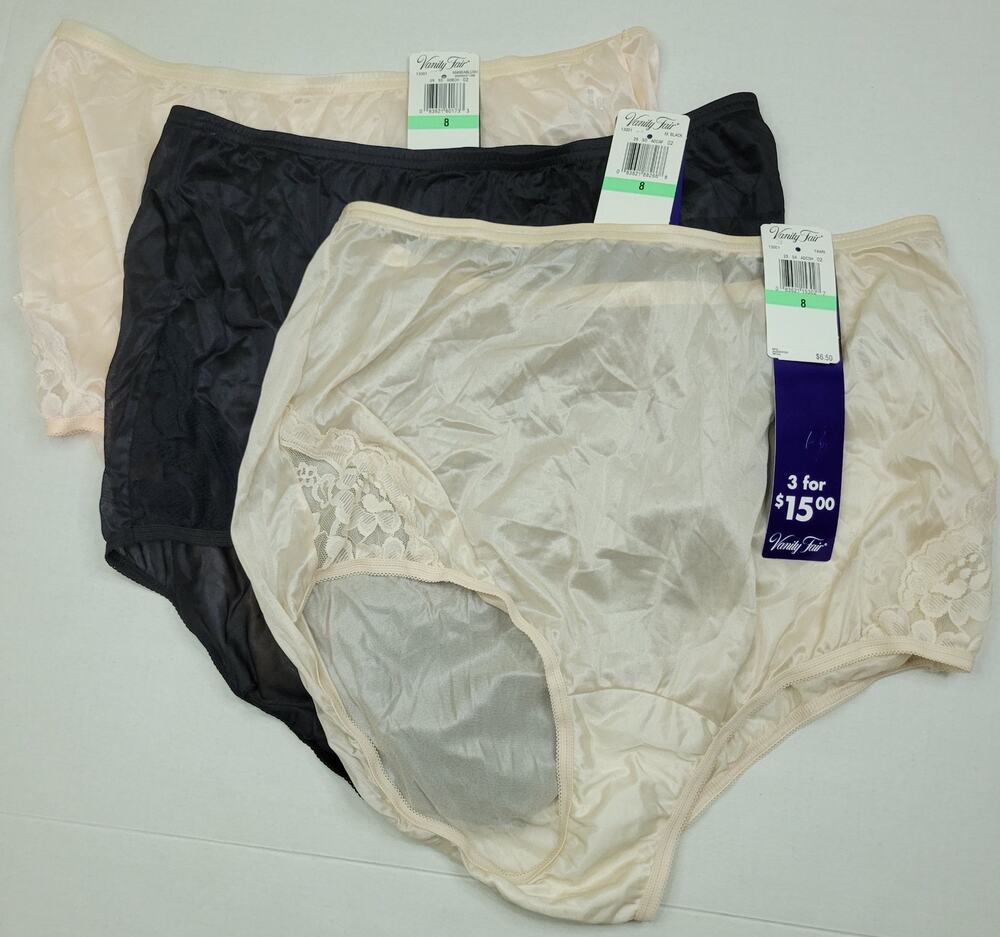 Lot of 3 Vanity Fair Lace Brief Panties Nylon 13001 Black Fawn Mandablush Size 8